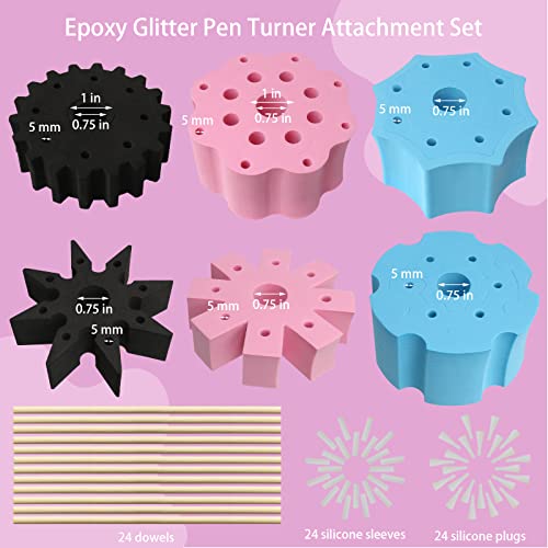 Epoxy Glitter Pen Turner Attachment, 6Pcs Epoxy Pen Adapter for Tumbler Turner 3/4" PVC Pipe with 24 Dowels, 24 Sleeves and 24 Plugs, Epoxy Cup Turner Pen Turner to Hold The Pens