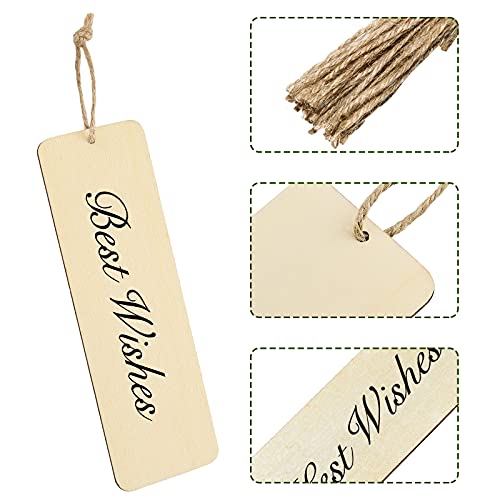 Wood Blank Bookmarks DIY Wooden Craft Bookmark Unfinished Wood Hanging Tags Rectangle Shape Blank Bookmark Ornaments with Holes and Ropes for Christmas DIY Wedding Birthday Party Decor (100)