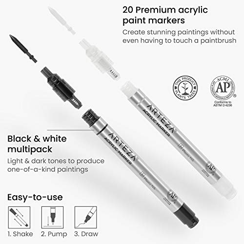 ARTEZA Acrylic Paint Markers, Set of 20 (10 White, 10 Black), Acrylic Paint Pens, Plastic Nib, Art Supplies for Metal, Canvas, Rock, Ceramic, Glass, Wood, and Fabric