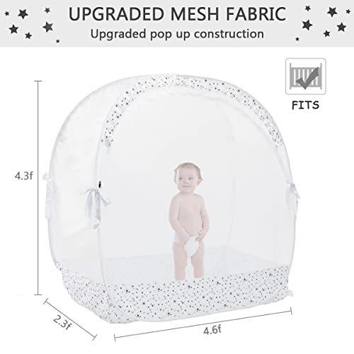 L RUNNZER Baby Pop Up Crib Tent, Crib Net to Keep Baby from Climbing Out, Crib Canopy Cover Against Falling and Bites, Strong Frame & Soft Breathable Mesh, White+stars
