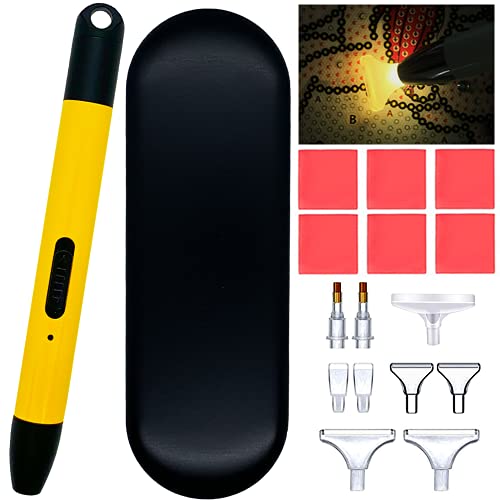 TikToy LED Charged Diamond Painting Pen with Light, 5D Diamond Art Accessories and Tools Set with 2 Light Modes, Pen Heads, Glue Clay, Storage Case for DIY Arts Crafts -Yellow Black