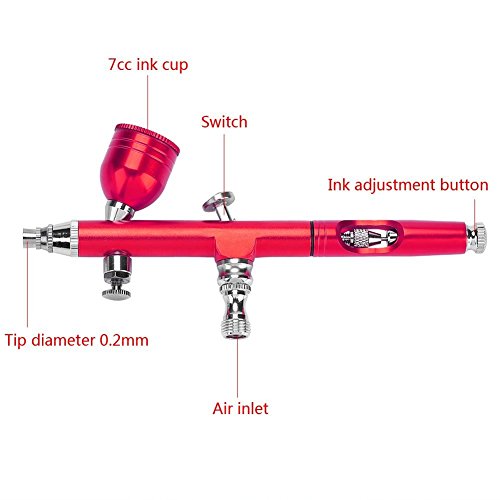 Airbrush gun, 0.3mm Gravity Spray Gun for Painting Art Tattoo Model Paint Nail Cake Decoration Makeup Nail Manicure, Cordless Air Brush Tools Kit(Red)