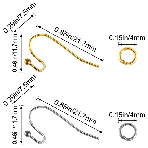 PAGOW 400Pcs Earring Hooks for Jewelry Making, Hypoallergenic Ear Wires Fish Hooks Ball End with Jump Rings, Silver Gold Color DIY Earrings Findings Making kit Supplies
