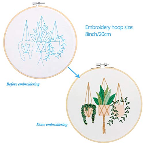 Full Range of Embroidery Starter Kit with Pattern, Kissbuty Cross Stitch Kit Including Embroidery Fabric with Plant Pattern, Bamboo Embroidery Hoop, Color Threads and Tools Kit (Epipremnum Aureum)