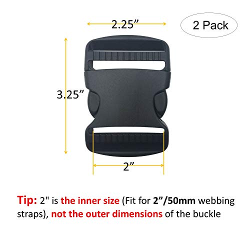 EesTeck 2 Set 2 Inch Flat Dual Adjustable Plastic Quick Side Release Plastic Buckles and Tri-glide Slides for Luggage Straps Pet Collar Backpack Repairing (Black, Fit For 2”/50mm Webbing Straps)