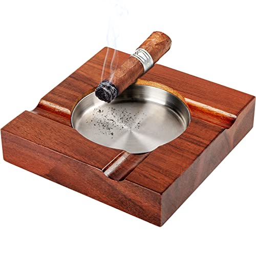 Wood Cigar Ashtray Cigar Accessories Cigarettes Ashtrays for Indoor Outdoor Patio Home Office Use, Solid 4 Slot Cigar Holder, Square Wooden Brown Cigar Ash Tray Cigar Gift Sets for Men