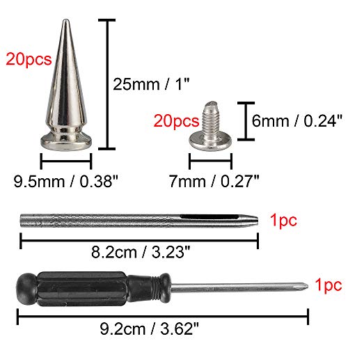 YORANYO 20 Sets 25MM Silver Color Metallic Spikes and Studs 1" Metal Bullet Cone Spikes Screw Back Large Punk Studs and Spikes for Clothing Shoes Leather Belts Bags Accessories with Installation Tools