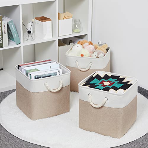 Bidtakay Fabric Storage Baskets for Organizing Beige 13 Inch Collapsible Square Baskets 3 Pack Organization Bins Large Cube Storage Bins Closet Baskets for Shelves Clothes