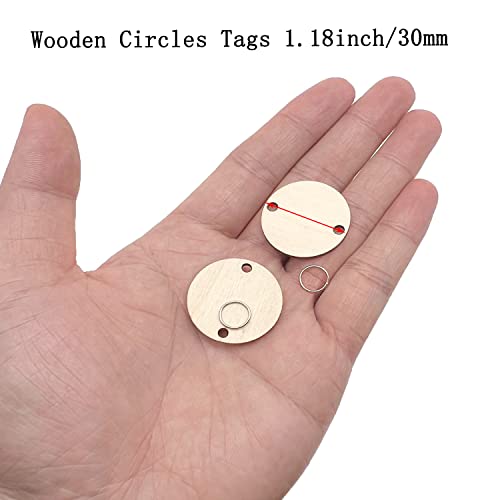 100 Pieces Wooden Circles Tags 1.2 inch with Holes and 100 Pieces 10 mm Rings