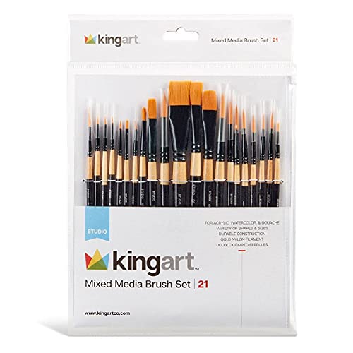 KINGART Studio Mixed Media Brush Set, Set of 21, Variety of Shapes &Sizes, Gold Nylon Filament, Black Gloss Lacquered Handle with Black Ferrule, Acrylic, Watercolor, Oil & More