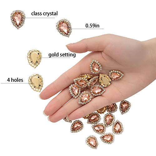 30Pcs Crystal Rhinestones Sewing on, Premium Teardrop Rhinestones Flatback Beads Buttons with Diamond, DIY Crafts Gems for Clothing, Bags, Shoes, Dress, Wedding Party Decoration (14mm Rose Gold)