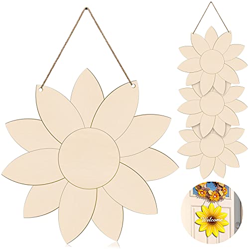 Unfinished Sunflower Wood Cutout Sunflower Sign Cutouts Sunflower Wood Door Hanger with 2.2 Yards Natural Rope for DIY Painting Hanging Welcome Sign Spring Summer Home Decoration (4)