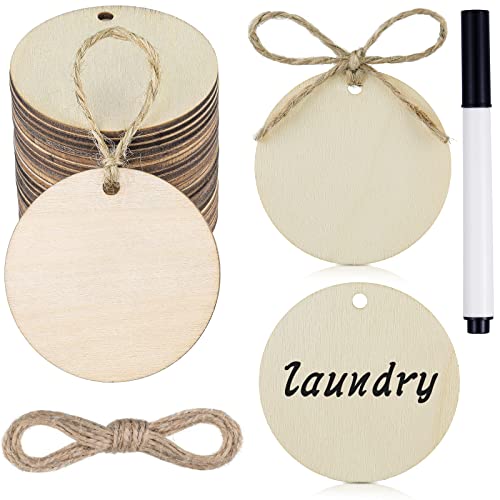 40 Pack Round Wood Tag Wooden Circles for Craft Wooden Unfinished Round Circles with Hole Blank Wood Discs Slices Ornament Hanging Tag and Marker Pen for Christmas Day Decor DIY Label (2 Inch/ 5 cm)