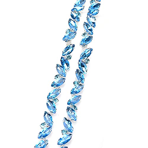 1 Yard Shiny Crystal Rhinestone Trim Chain Applique, Bling Decoration Flexible Sewing Crafts Bridal Costume Embellishment Beaded Trim Sparky Jewelry DIY for Necklace Bags Wedding Parties(Aquamarine)