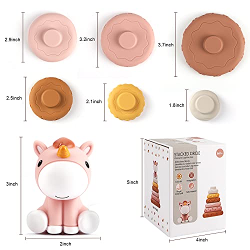 Nueplay 7 Pcs Stacking & Nesting Baby Toys, Squeeze Teething Baby Toys and Building Circle with Pink Horse Figure, Early Educational for 6 12 18 Months Baby Toddler Boys Girls