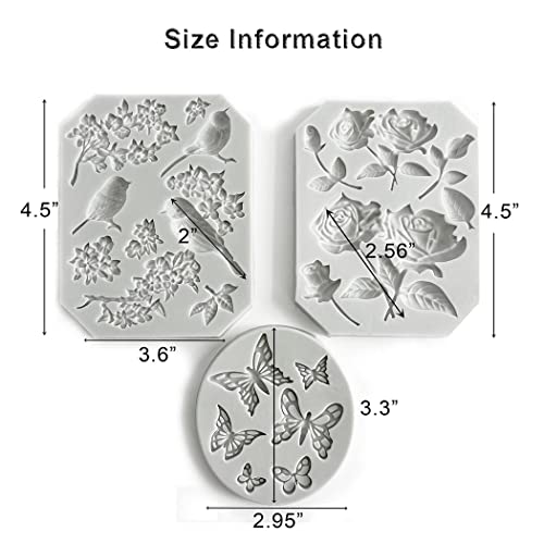 FantasyBear 3pcs Mold Set Blossoms Butterfly and Birds Silicone Molds, for Cake Decoration,Chocolate Fondant,Cupcake Topper,Polymer Clay, Crafting Projects,Resin Jewelry Casting