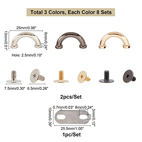 WADORN 24 Sets Metal D-Ring Connector Buckles for Bag, 3 Colors Arch Bridge D Ring Buckle Chain Strap Connector with Screws Handbag Suspension Clasp Metal Ring for Leather Crafts Making, 0.5×0.98 Inch