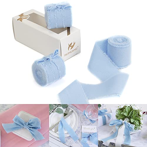 HUIHUANG 3 Rolls Dusty Blue Cotton Ribbon Handmade Fringe Frayed Fabric Cloth Ribbon for Wedding Invitations, Bridal Bouquets, Gift Wrapping, DIY Crafts-1.5 inch X 5 Yards Each, 15 Yards Total