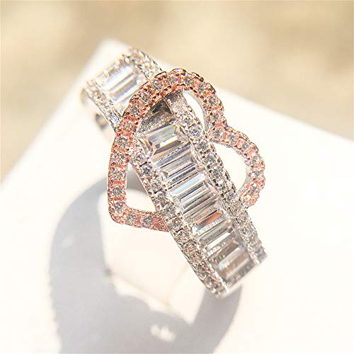 925 Sterling Silver Shiny Full Diamond Ring 18K Rose Gold Heart-Shaped Cubic Zirconia Rings CZ Heart Diamond Ring Eternity Engagement Wedding Band Ring for Women TZ.5 (US Code 6)