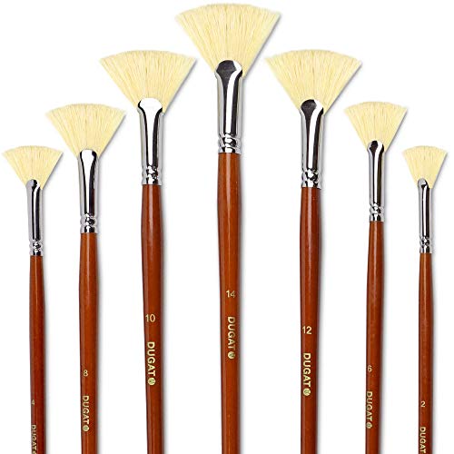 DUGATO Artist Fan Paint Brush Set of 7, White Hog Bristle Natural Hair Anti-Shedding Brush Tips, Long Wooden Handle for Comfortable Holding, Great for Acrylic Watercolor Oil Painting