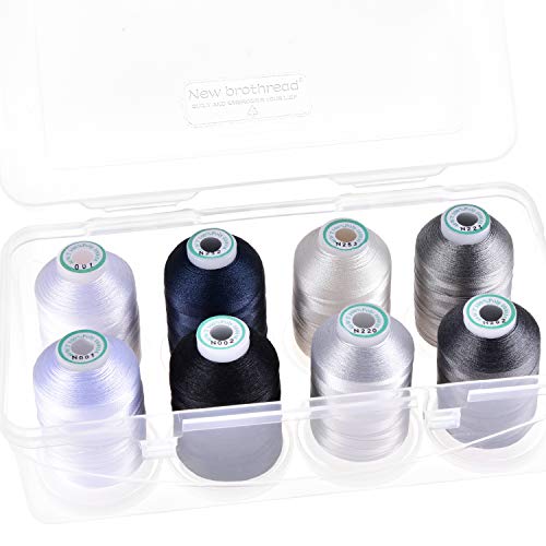 New brothread - 20 Options - 8 Snap Spools of 1000m Each Polyester Embroidery Machine Thread with Clear Plastic Storage Box for Embroidery & Quilting - Monochrome
