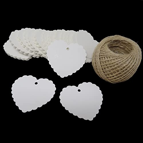 Honbay 100PCS Kraft Paper Blank Heart Tags with 100 Feet Jute Twine for DIY Crafts & Price Tags (White)