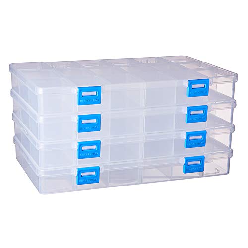 BENECREAT 4 Pack 18 Grids Large Transparent Plastic Storage Box Bead Organizer with Adjustable Dividers for Jewelry, Beads, Tools, Craft Accessories and Other Small Items - 9.4x5.7x1.18 Inch
