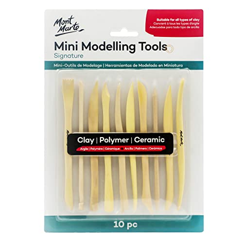 Mont Marte Boxwood Mini Clay Modeling Tools 10 Piece. Set of 10 Double Ended Pieces Providing 20 Clay Modeling Tools. Suitable for Cutting, Carving and Smoothing Clay