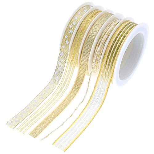 5 Rolls 27 Yards Gold Ribbon, Ribbon for Gift Wrapping, Crafts Fabric for Gift Ribbon, Glitter Ribbon for Wrapping Decoration Wedding Birthday Holiday Gift Wrapping Party