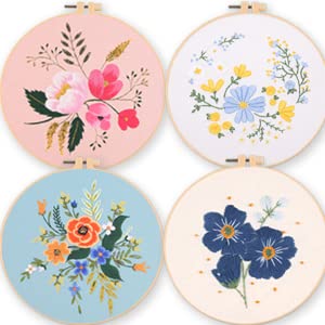 Myfelicity 4 Sets of Embroidery Starter Kits, Adult Women’s Hobbies, Including Cloth with Floral Patterns, Colored Threads, Needles, Hoops and Instructions