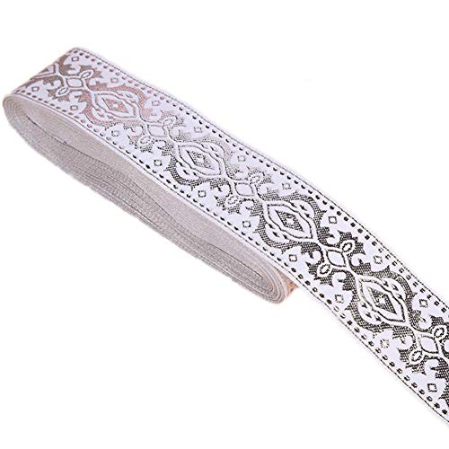 MSCFTFB Ethnic Jacquard Ribbon Woven Fabric Ribbons Fabric Trim Fringe for Apparel Accessories Embellishment Straps Belts Collars DIY Fabric Craft Width 1.3in by 7.6yards (White+Metallic Silver)