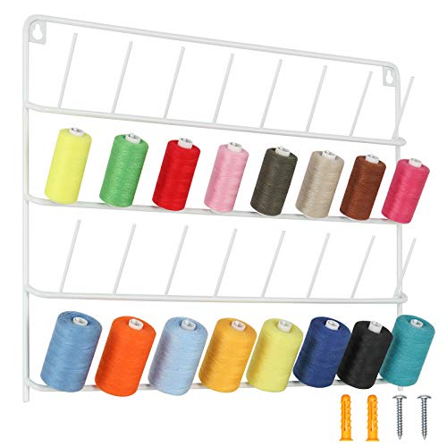 HAITARL 32-Spool Sewing Thread Rack, Wall-Mounted Metal Sewing Thread Holder with Hanging Tools, Metal Rack for Organize Sewing Thread, Embroidery-Suitable for Large Thread, White