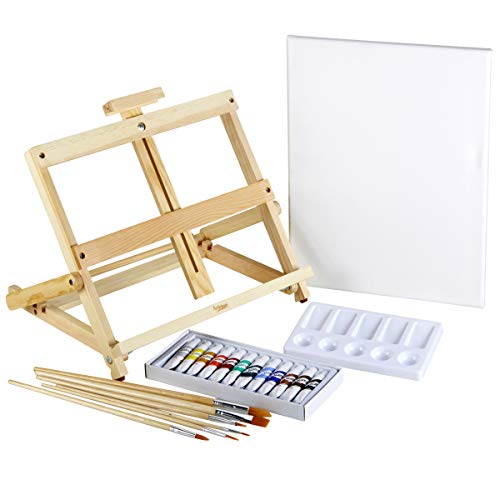 Artlicious - 21 Piece Complete Easel Set - Easel, Stretched Canvas, Acrylic Paints, Paint Brushes & Palette (21 Piece Set)