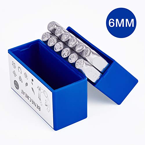 BENECREAT 12 Pack (6mm 1/4") Design Stamps, Metal Punch Stamp (Graphics Theme) Stamping Tool Case - Electroplated Hard Carbon Steel Tools to Stamp/Punch Metal Jewelry Leather Wood