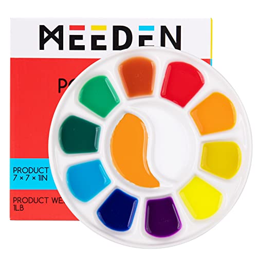 MEEDEN 12-Well Round Porcelain Watercolor Paint Palette for Watercolor Gouache Acrylic Oil Painting, 7-Inch