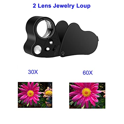 2 PCS Illuminated Jewelers Loupe, 30X 60X 90X Eye Loupe Portable Magnifying Glass with LED Light , Lighted Magnifier for Jewelry, Coins, Plants, Stamps, Gems, Watch Repair Work