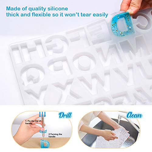 Mocoosy 134Pcs Silicone Alphabet Resin Molds Kit Letter Number Silicone Mold Epoxy Resin Casting Molds Keychain Making Set with 1 Hand Drill 2 Drill Bits 30 Key Rings 100 Screw Pins