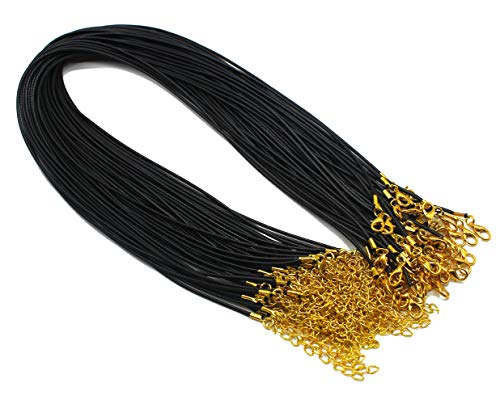 Sovenny 50 Pieces 1.5mm Black Waxed Necklace Cord with Gold Chain Lobster Clasp for Bracelet Necklace and Jewelry Making