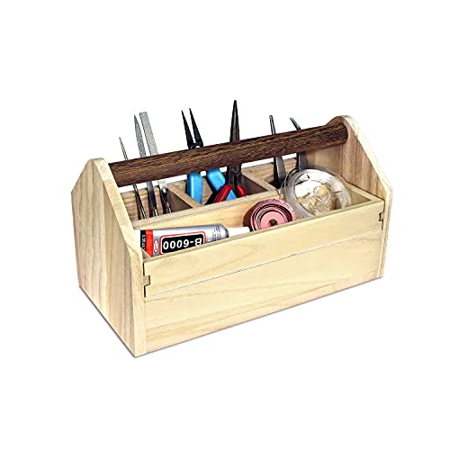 Ikee Design Small Natural Wood Color Wooden Craft Tool Box Caddy with a Handle for Storage Tool, Makeup, Collections with 5 Compartments for Storage and Organizing, 10"W x 5.1"D x 3.5"H