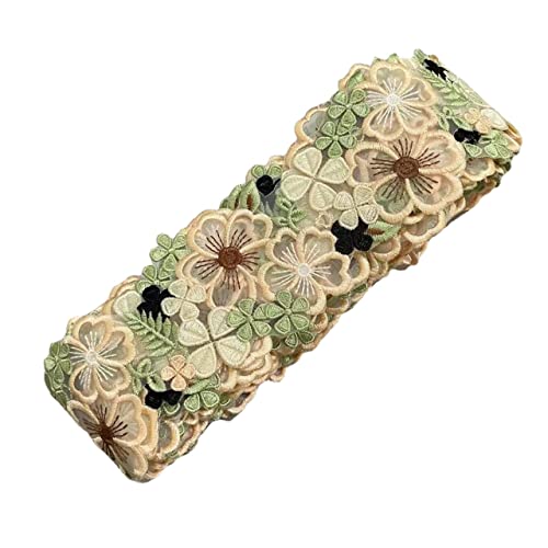 Organza 3D Flower Lace Trim , Green and Beige Embroidery Floral lace Ribbon for Dress /Wedding/Bridal DIY Sewing Decoration,2Yard