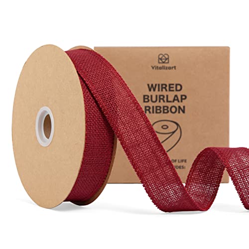 Vitalizart Wired Burlap Ribbon 1.5 in x 20 Yd Burgundy Natural Jute Ribbon for Crafts,Christmas Decoration,Wreaths, Gift Wrapping