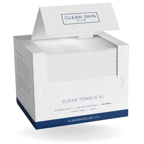 Clean Skin Club Clean Towels XL, Biodegradable Face Towel, Disposable Makeup Remover Dry Wipes, Facial Wash Cloth for Sensitive Skin, 50 Count 1 Pack