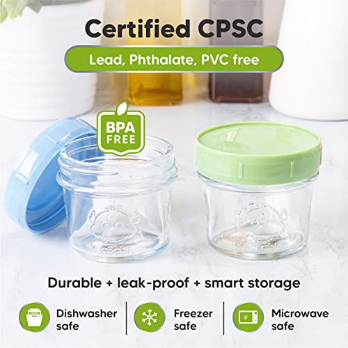 KeaBabies 12-Pack Glass Baby Food Containers - 4 oz Leak-Proof, Microwavable, Glass Baby Food Jars - Baby Food Storage Containers - Baby Bullet Jars with Lids, Freezer Safe (Nord)