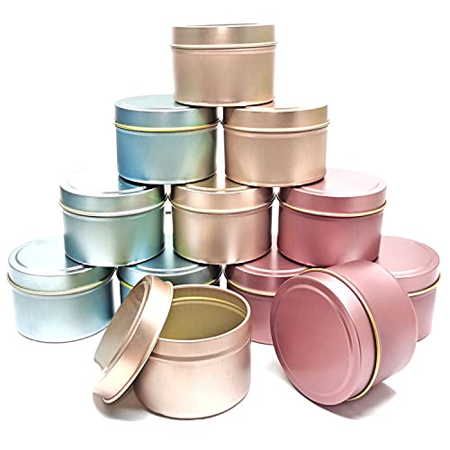 Candle Tins 8oz, 12Pcs Metal Candle Tins for DIY Candle Big Candle Container Tins for Candle Making Light Blue Champagne Rose Gold Cantainer Tins