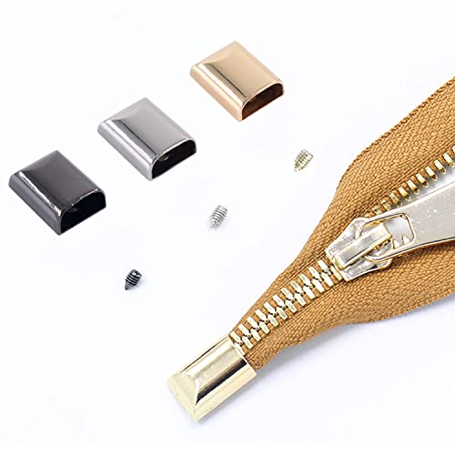 SnowTing 30 Pcs Metal Zipper Stopper Rectangle Zipper Ends Tail Clip Repair Replacement Pull End Tips Sewing DIY Craft Accessories with Screw for Bag Luggage, Golden Silver Metallic Black 3 Colors