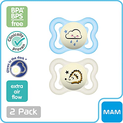 MAM Supreme Night Baby Pacifier, for Sensitive Skin, Patented Nipple, Boy, 0-6 Months (Pack of 2)