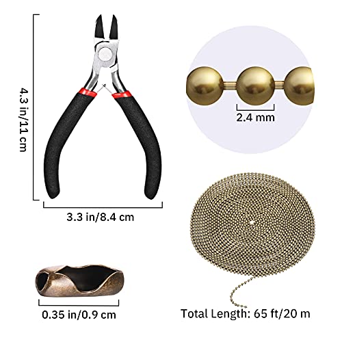 65 Feet Stainless Steel Ball Chains, 2.4 mm Stainless Diameter Ball Bead Chain with 40 Pieces Bead Connector Clasp and Plier for Necklace Hanging Ornament Key Chain Tags (Bronze)