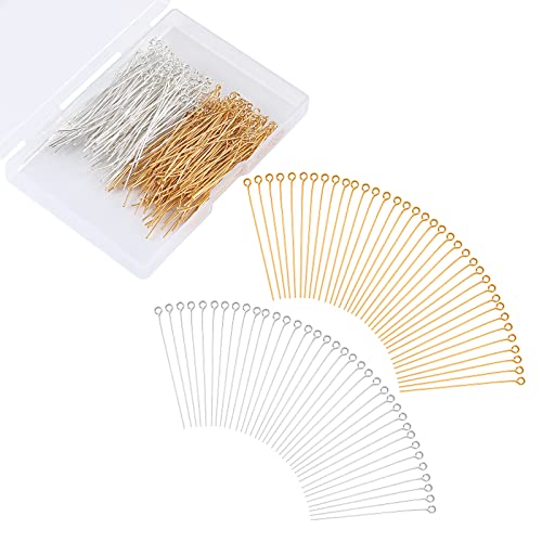 KINBOM 300pcs Straight Head Pins for Jewelry Making Assorted, 2inch Long End Head Pins Silver and Gold Jewelry Pins for Beads for DIY Crafts Earring Bracelet Necklace Pendant (Eye Pin Style)