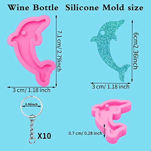 2 Pieces Dolphin Shape Silicone Keychain Mold for Epoxy Resin and 10 Pieces Key Rings with Chain for DIY Keychain Earring Pendant Ice Cream Fondant Candy Clay Baking Crafting Cake Topper Decoration