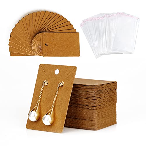 Fuceury Earring Cards for Selling,100 Packs Earring Display Cards with 100 Pcs Earring Holder Cards & 100 Bags for Earrings Necklace Jewelry Display, Kraft Color 3.5x2.4 Inches
